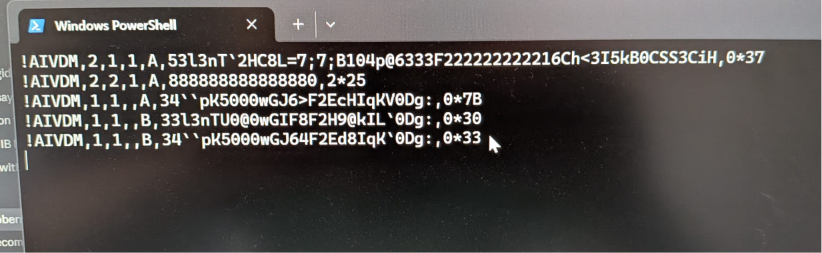 Raw AIVDM sentences in the terminal